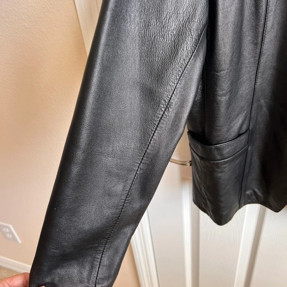 Whet‎ Blu Leather Blazer Jacket Womens Large Black Single Button Red Lining - Picture 4 of 11